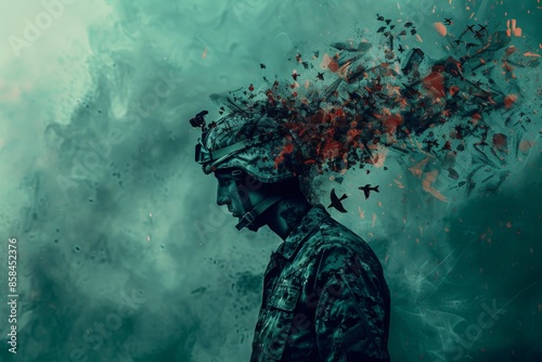 Profile of a soldier with a helmet, head transforming into a chaotic burst of red splatters and birds, symbolizing the violence and turmoil of PTSD, post traumatic stress disorder awareness day