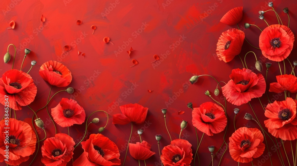 Red Poppy Banner for Remembrance Day: AI-Generated Illustration of Poppies on Background Red Poppy Banner for Remembrance Day: AI-Generated Illustration of Poppies on Background