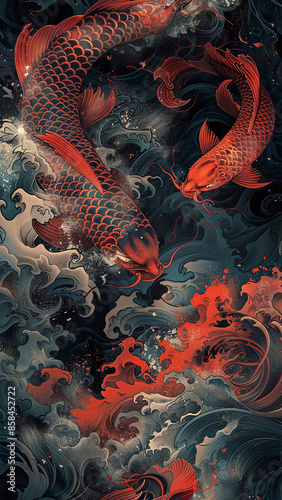 Ethereal Koi Dance: An Abstract Japanese-Style Wallart and Wallpaper Ensemble