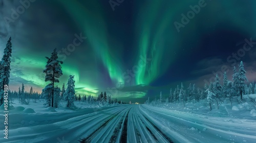 Stunning aurora borealis display over snowy road in lapland, finland © BraveSpirit