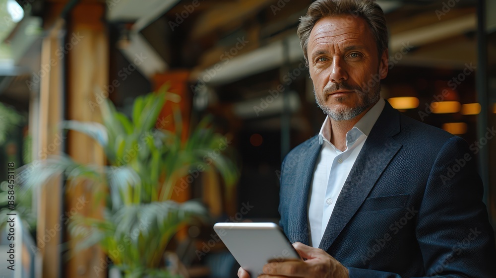 Executive Man Checking Emails on Tablet in Modern Workplace - Corporate Communication and Technology Concept Executive Man Checking Emails on Tablet in Modern Workplace - Corporate Communication and Technology Concept