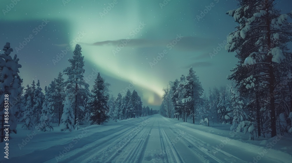Northern lights dancing over a snowy forest road Northern lights dancing over a snowy forest road