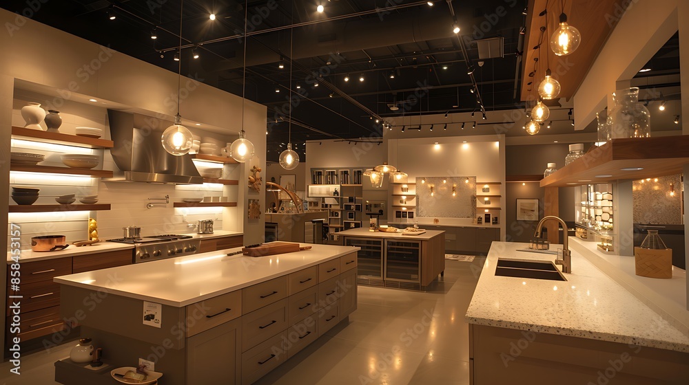 View of gourmet kitchen showroom with above-counter lighting that customers can ...