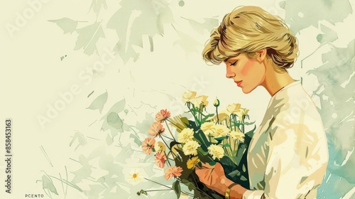 A beautiful young woman with blonde hair is holding a bouquet of flowers