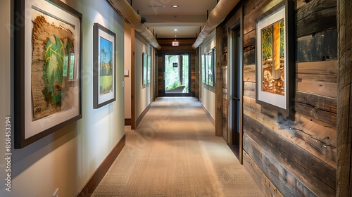 hallway lined with eco-friendly sisal carpeting and walls adorned with art framed in reclaimed wood