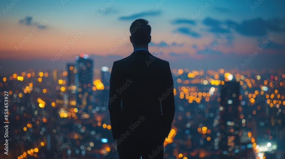 Businessman looking out over cityscape at dusk Businessman looking out over cityscape at dusk