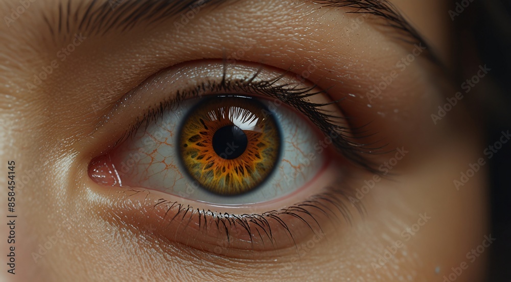 Fototapeta premium Close-up of a captivating human eye with a striking amber and green iris, showcasing intricate details and a reflective pupil, ideal for beauty, health, or conceptual designs.