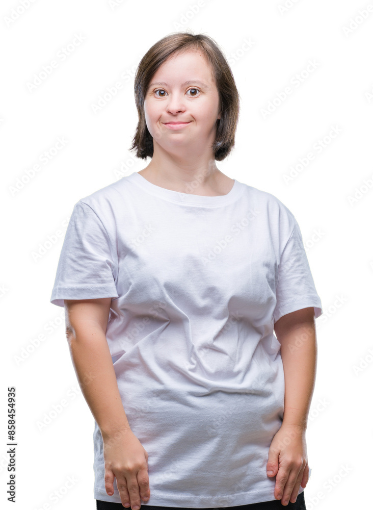 Young adult woman with down syndrome over isolated background with serious expression on face. Simple and natural looking at the camera. Young adult woman with down syndrome over isolated background with serious expression on face. Simple and natural looking at the camera.