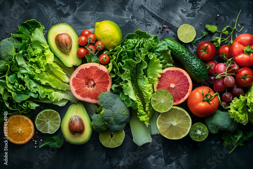 A colorful and vibrant assortment of fresh vegetables and fruits on a dark background