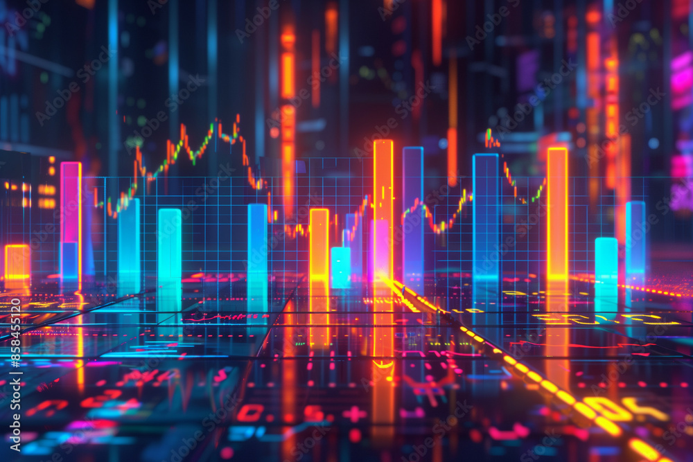 Vibrant 3D Chart with Glowing Colorful Bars in a Futuristic Setting Vibrant 3D Chart with Glowing Colorful Bars in a Futuristic Setting