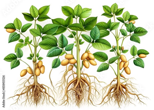 Potato plants with roots. digital illustration of three growing potato plants with green leaves and yellow-brown potatoes. photo