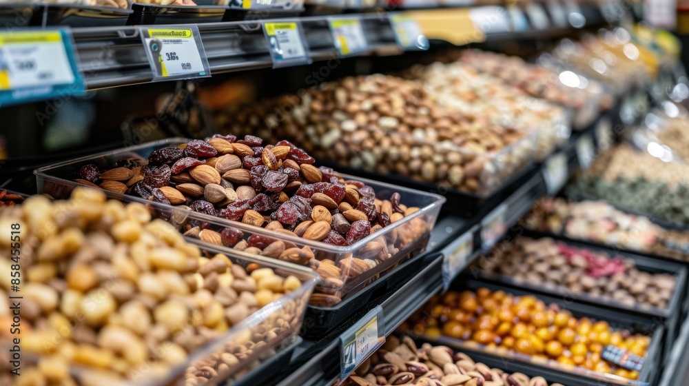 Variety of nuts and dried fruit on grocery store shelf Variety of nuts and dried fruit on grocery store shelf