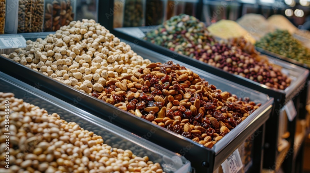 Rows of bulk nuts and dried fruit in a supermarket: a close-up shot of a supermarket display featuring a variety of nuts and dried fruits in bulk bins Rows of bulk nuts and dried fruit in a supermarket: a close-up shot of a supermarket display featuring a variety of nuts and dried fruits in bulk bins