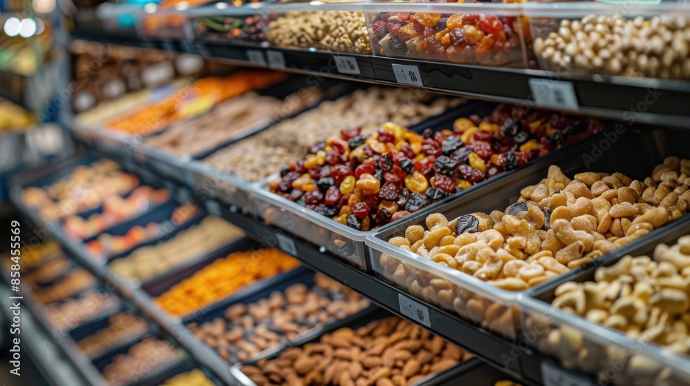A colorful selection of dried fruits and nuts in a supermarket A colorful selection of dried fruits and nuts in a supermarket