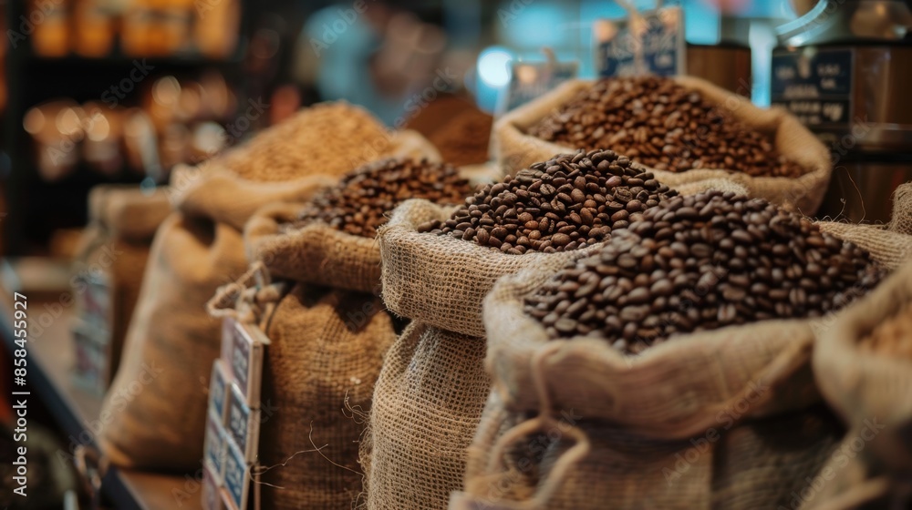 Rows of burlap coffee bean sacks in a supermarket Rows of burlap coffee bean sacks in a supermarket