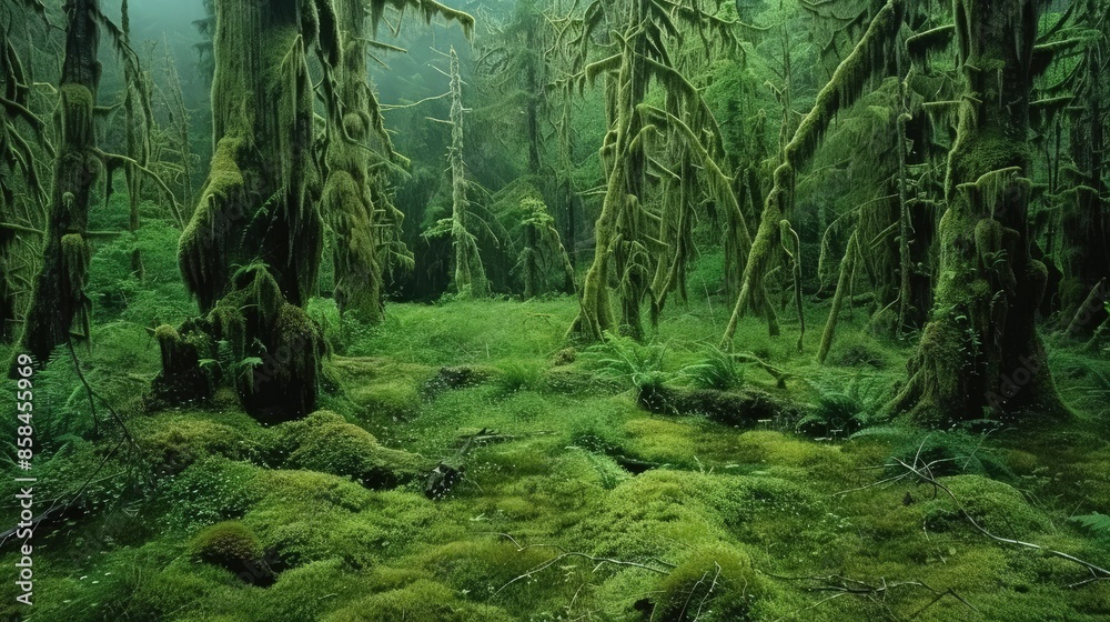 Fototapeta premium A serene hike through the moss-covered forests of the Hoh Rain Forest in Olympic National Park, Washington