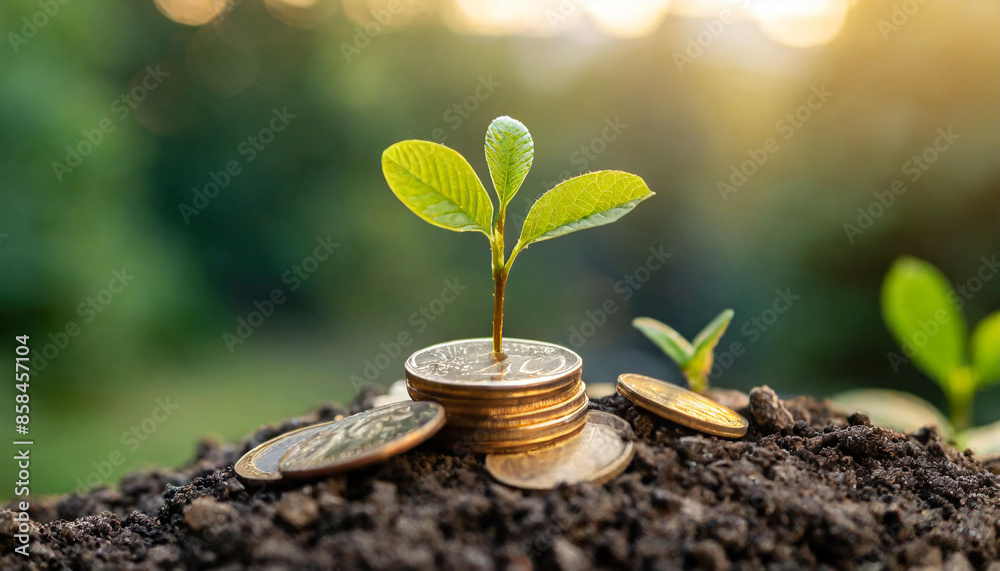 Seedling growing on coin symbolizes green investment. Concept of rising money and sustainable finance Seedling growing on coin symbolizes green investment. Concept of rising money and sustainable finance