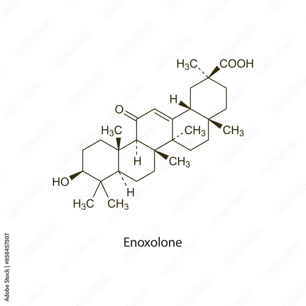 Enoxolone flat skeletal molecular structure Rubefacient agent drug used in pain treatment. Vector illustration scientific diagram. Enoxolone flat skeletal molecular structure Rubefacient agent drug used in pain treatment. Vector illustration scientific diagram.