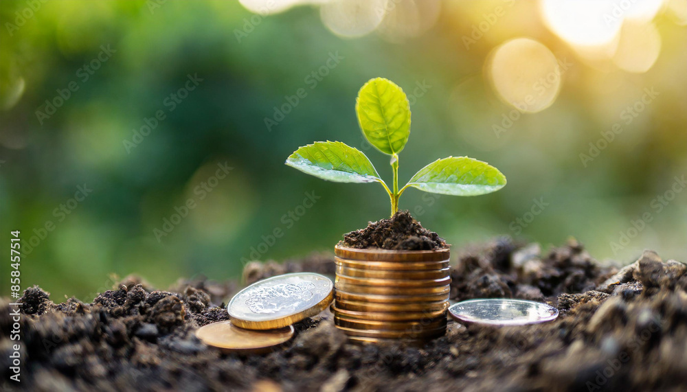 Seedling growing on coin symbolizes green investment. Concept of rising money and sustainable finance Seedling growing on coin symbolizes green investment. Concept of rising money and sustainable finance
