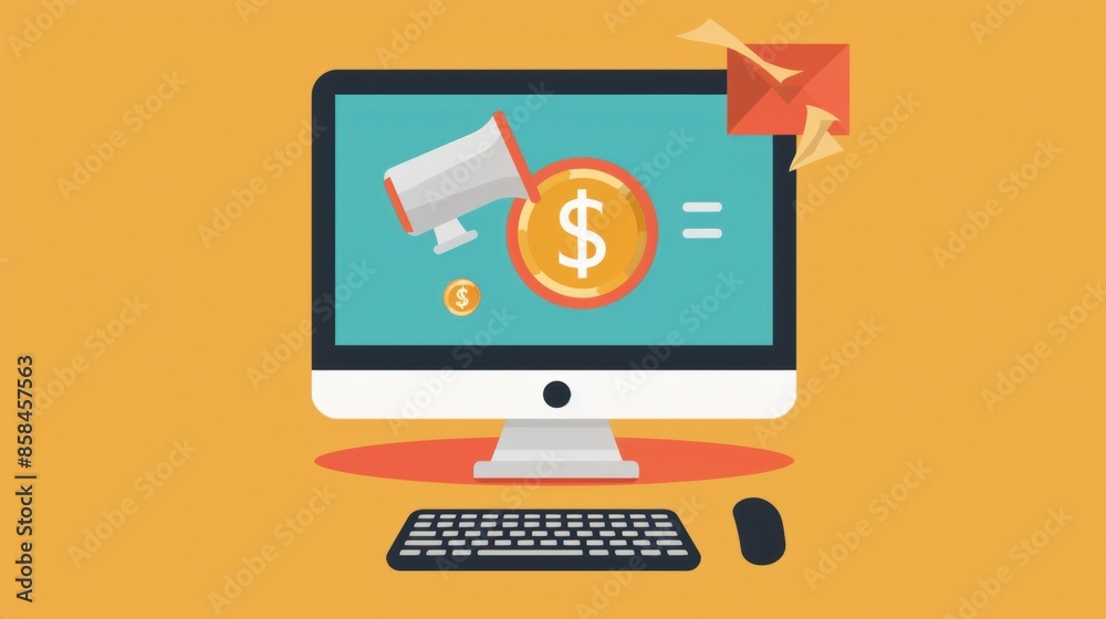 Computer desktop with megaphone and dollar sign icon for pay per click advertising Computer desktop with megaphone and dollar sign icon for pay per click advertising