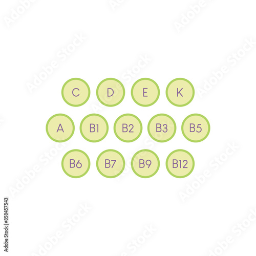 Set of 13  vitamin icons - A, D, E, C, K and group B vitamins - simple icon illustration, graphic element for products, supplements, web design and more.