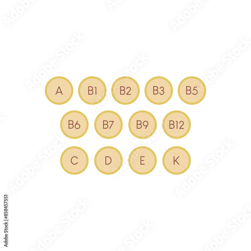 Set of 13  vitamin icons - A, D, E, C, K and group B vitamins - simple icon illustration, graphic element for products, supplements, web design and more.