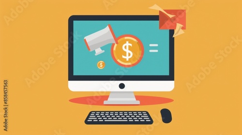 Computer desktop with megaphone and dollar sign icon for pay per click advertising