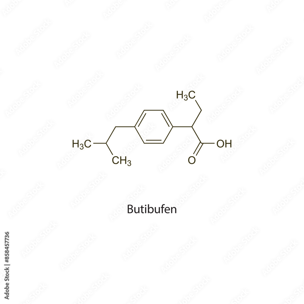 Butibufen flat skeletal molecular structure NSAID drug used in Rheumatoid arthritis treatment. Vector illustration scientific diagram. Butibufen flat skeletal molecular structure NSAID drug used in Rheumatoid arthritis treatment. Vector illustration scientific diagram.