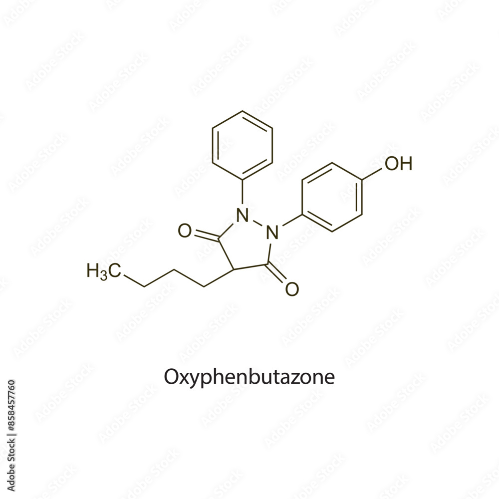 Oxyphenbutazone flat skeletal molecular structure NSAID drug used in Pain treatment. Vector illustration scientific diagram. Oxyphenbutazone flat skeletal molecular structure NSAID drug used in Pain treatment. Vector illustration scientific diagram.