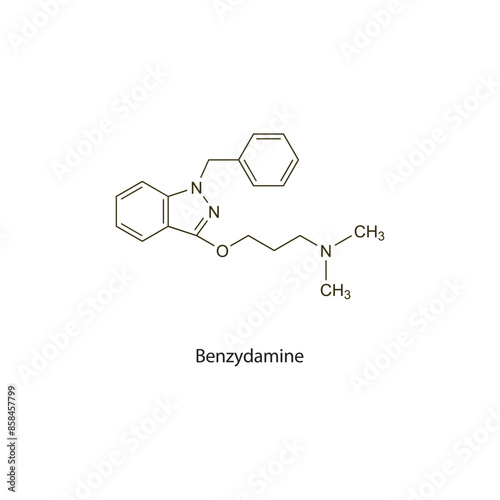 Benzydamine flat skeletal molecular structure NSAID drug used in Rheumatoid arthritis treatment. Vector illustration scientific diagram.