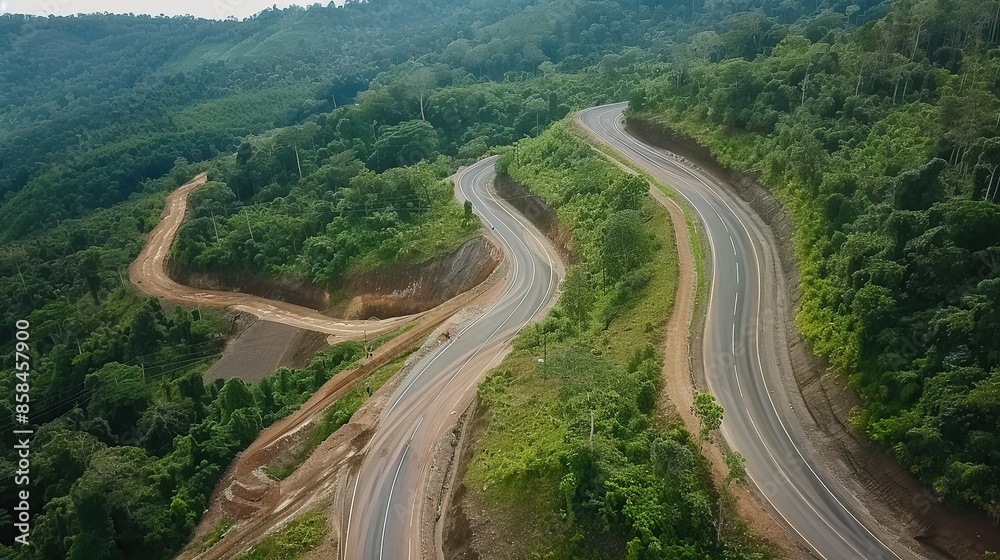Aerial View of Winding Road Through Lush Green Forest Aerial View of Winding Road Through Lush Green Forest