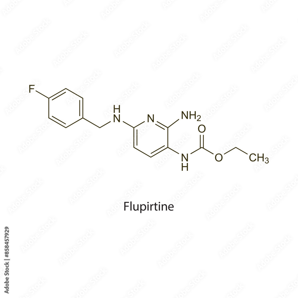Flupirtine flat skeletal molecular structure Analgesic agent drug used in treatment. Vector illustration scientific diagram. Flupirtine flat skeletal molecular structure Analgesic agent drug used in treatment. Vector illustration scientific diagram.