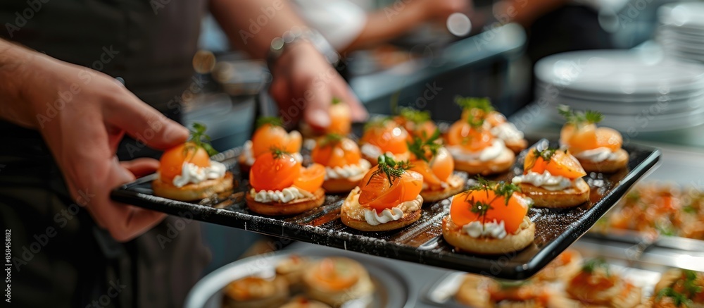 A person is holding a tray of food, which includes a variety of appetizers A person is holding a tray of food, which includes a variety of appetizers