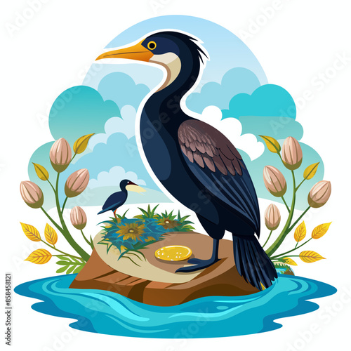 cormorant-builds-a-nest--watercolor-white-backgro 