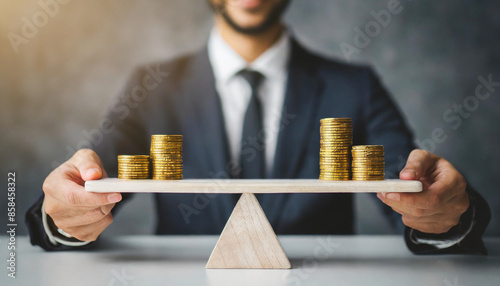 businessperson stands blurred in the background while focusing on balancing stacked coins on a seesaw, symbolizing financial stability, balance, and economic decision-making in business photo