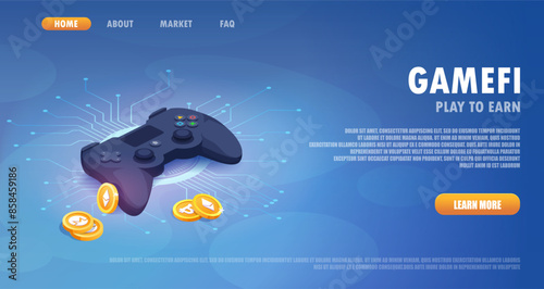 GameFi play-to-earn isometric vector illustration. Big gaming joystick and cryptocurrency coins around. GameFi blockchain games.