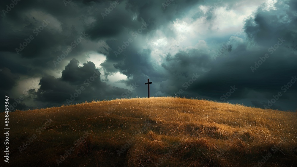 Obraz premium A lonely windswept hill with a single cross under dark, stormy clouds, evoking a dramatic and solemn atmosphere.
