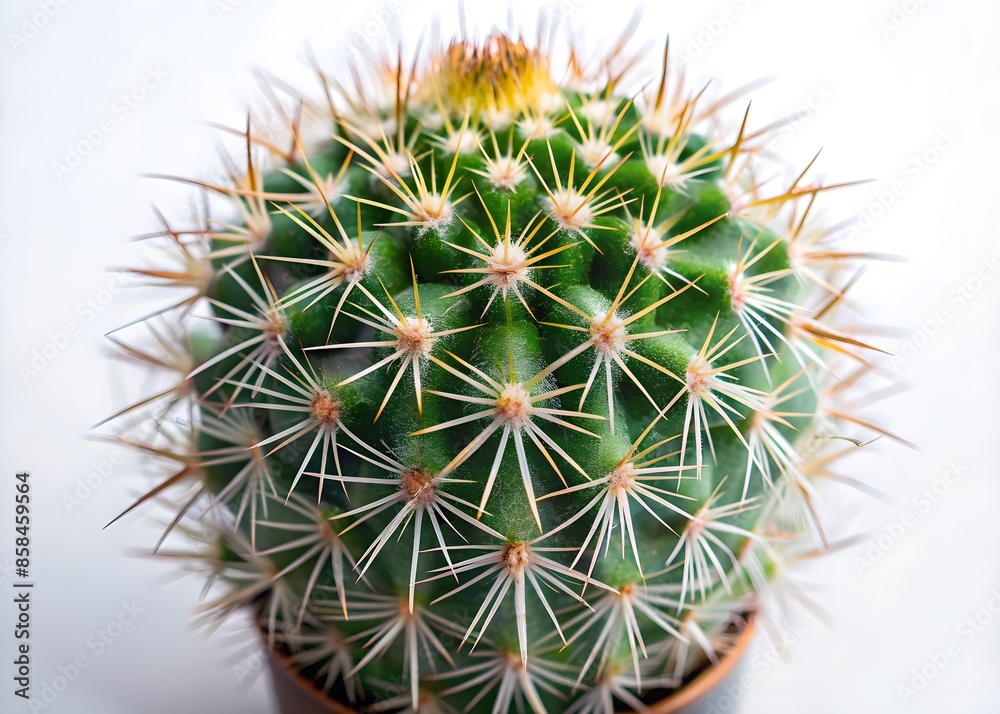 Close-Up Of A Small Cactus With Green And White Spines On A White Background. Close-Up Of A Small Cactus With Green And White Spines On A White Background.