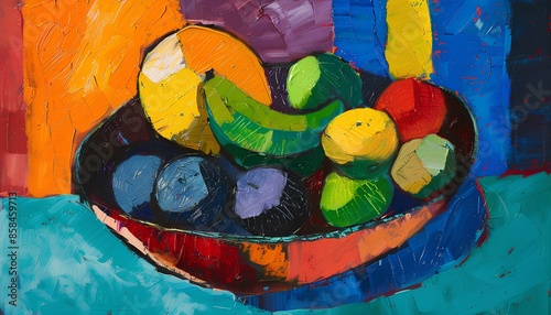 A vibrant post-impressionist still life painting featuring a bowl of colorful fruits against a bold, textured background.