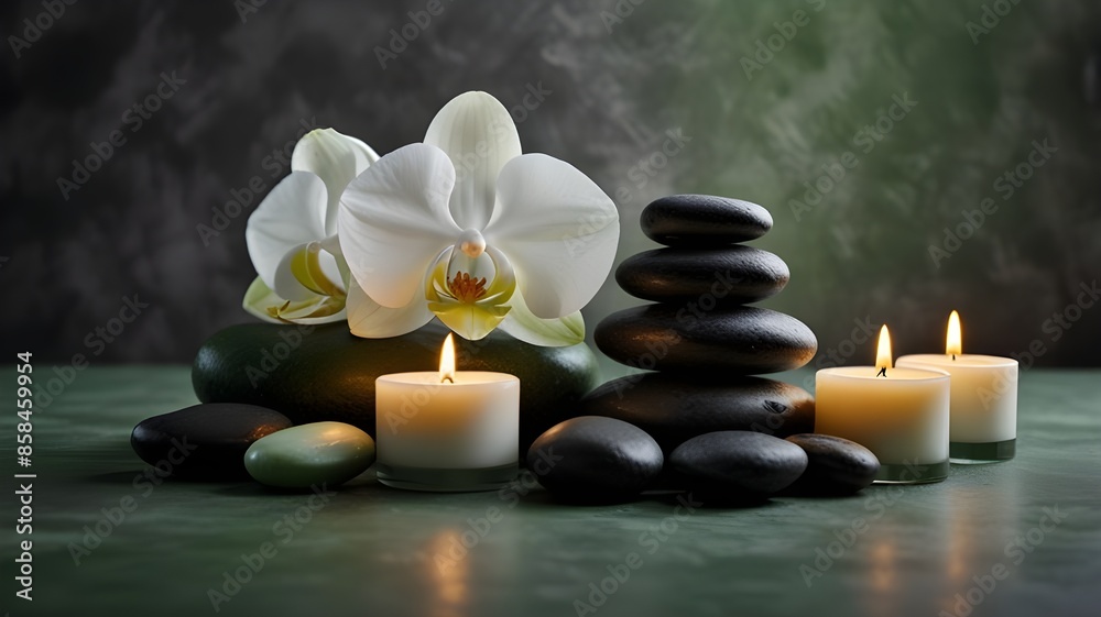 Zen stones, candles, and orchid on green-grey; serene spa vibe with plenty of copy space Zen stones, candles, and orchid on green-grey; serene spa vibe with plenty of copy space