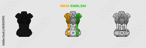 India Emblem Vector Pack. Emblem with Flag. Gray Emblem Silhouette. Gray Outline Emblem. Editable EPS file.