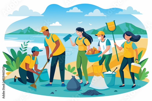 People cleaning beach with bucket and shovel, removing trash and debris to keep the environment clean.