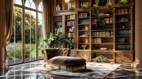 A luxurious living room with a velvet chaise lounge, a grand bookcase, and a large bay window with garden views © Sana