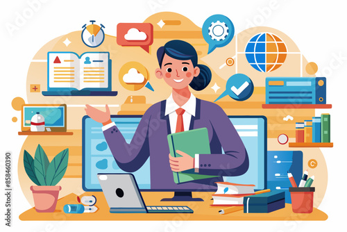 A businesswoman multitasking on a laptop and desktop computer, surrounded by icons.