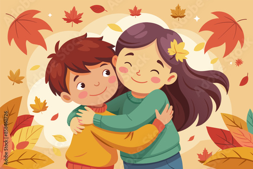 Happy children hugging in autumn, surrounded by colorful leaves.