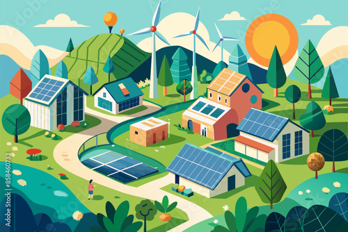 A solar powered village with houses equipped with solar panels, surrounded by greenery under a clear blue sky.