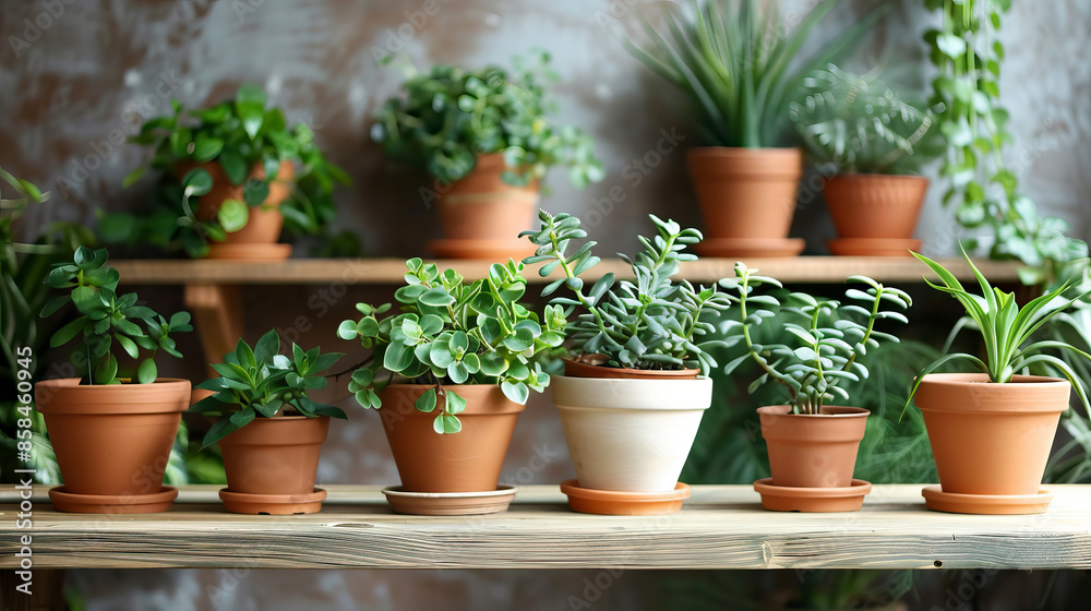 Collection of Green Houseplants in Terracotta Pots on Wooden Shelves Collection of Green Houseplants in Terracotta Pots on Wooden Shelves