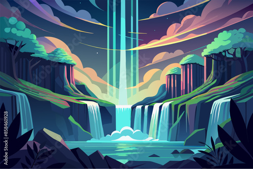 An enchanting waterfall cascading down a majestic mountain, surrounded by a starry night sky.