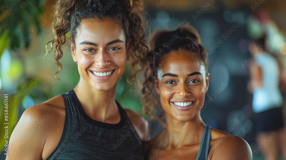 Smiling Athletic Women in Sportswear Posing Together at the Gym with Energetic Vibes Smiling Athletic Women in Sportswear Posing Together at the Gym with Energetic Vibes