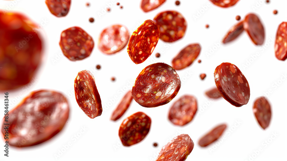Pepperoni slices floating in the air against a white background. Pepperoni slices floating in the air against a white background.